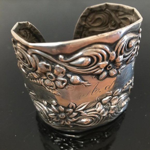 Floral Sterling Silver 925 Cuff Bracelet Antique Art Nouveau Spoon Ring Flowers - Picture 5 of 8